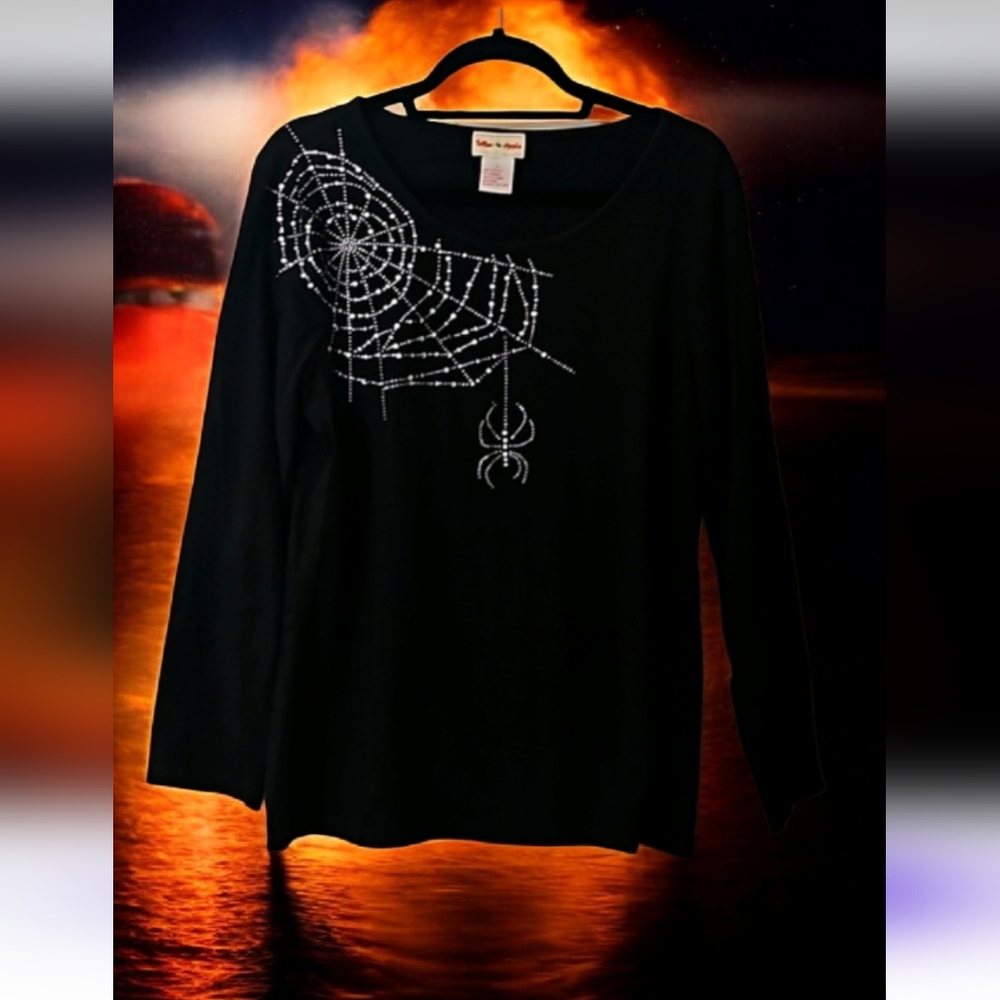 Spider Biker T-shirt black w bling stones Spider size L stretchy by Toffee APPLE